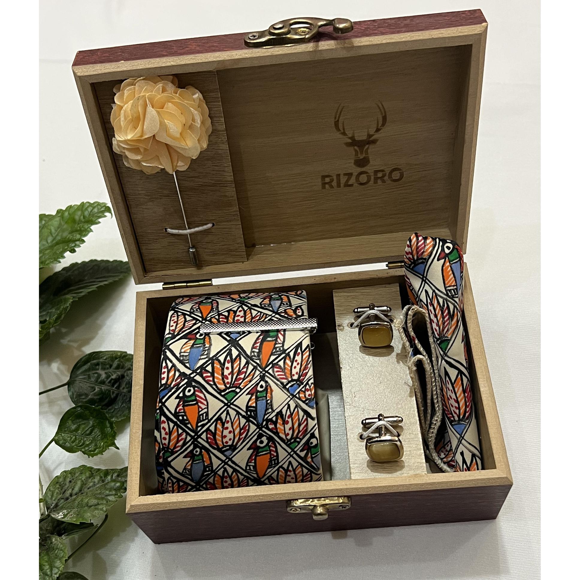 Handpainted Madhubani Silk Tie Set – Beige with Bird & Floral Motifs